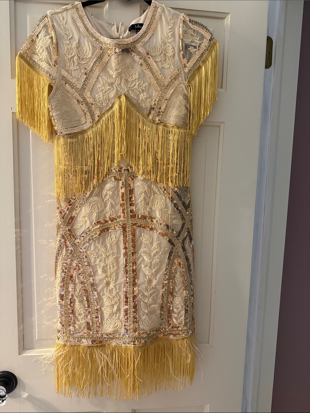 Lulus Cream and Yellow Sequin Fringe Dress.
